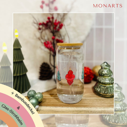 Trinkglas mit Bambusdeckel - Ornament Christmas